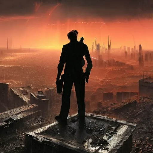 Image similar to wanderer with night vision goggles, dramatic light, sunset, sunrays, cyberpunk city in the background, ruins, buildings, dystoptian, gorgeous view, depth, painted by Caspar David Friedrich, gateway, clouds, tending on artstation