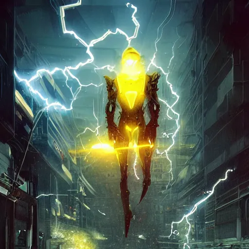 Prompt: Thin smooth transparent ethearal Sci-fi yellow Lightning elemental wearing red high-tech goggles shifting in and out of reality, heroic pose, full body, illustration, epic concept art, dark sci-fi background, action scene, dramatic artwork, surreal, flying, lightning, by Greg Rutkowski and Peter Elson