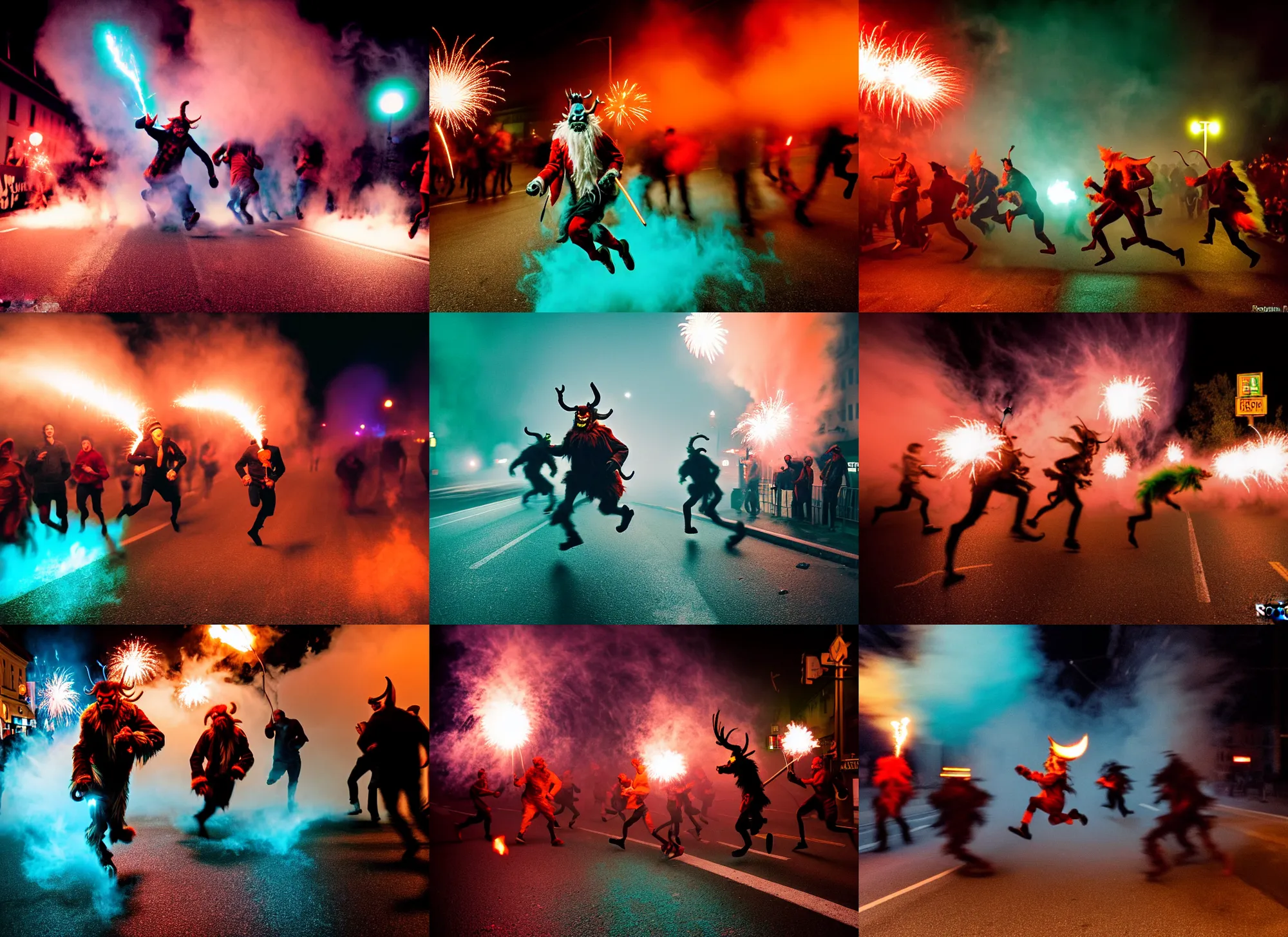 Image similar to kodak portra 4 0 0, 5 0 0 mm tele lens, f 1. 2, long exposure time, award winning dynamic vivid atmospheric photograph of running jumping hazardous horde krampus, by robert capas, in muted colours, striped orange and teal, motion blur, on a street in salzburg at night with colourful exploding pyro firework and torches, fog