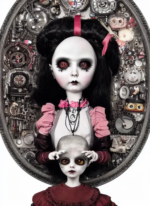 Image similar to highly detailed wide - angle portrait of a retro mechanical goth doll, nicoletta ceccoli, mark ryden, lostfish, earl nore, hyung tae, frank frazetta, global illumination, detailed and intricate environment