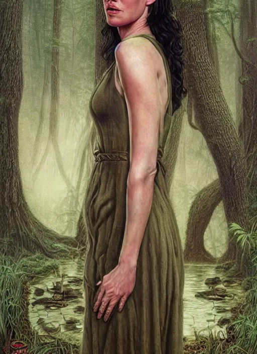 Image similar to portrait of jennifer connelly in searching in the woods standing before the mysterious small pond, twin peaks poster art, from scene from twin peaks, by michael whelan, artgerm, retro, nostalgic, old fashioned