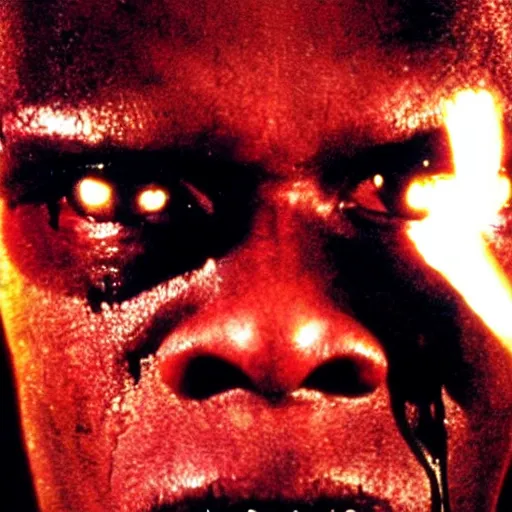 Image similar to Samuel L. Jackson plays Terminator, scary, red eye glowing, skeleton, scene from the film