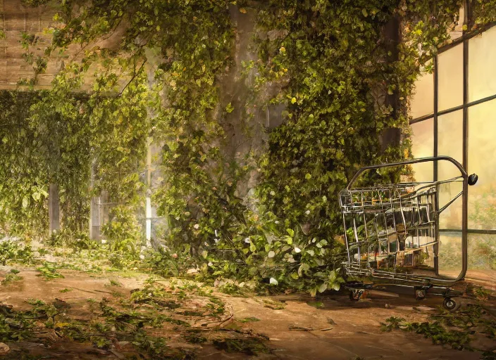 Prompt: trees growing in an abandoned shopping mall, overgrown by flower, vines, at night, close up shopping cart, hyperrealistic, highly detailed, oil painting, intricate, cgsociety, artstation, 8 k, cinematic, muted colors, soft lighting, smooth, sharp focus, volumetric lighting