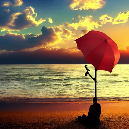 Image similar to frog on the beach with an umbrella next to him, watching a beautiful sunrise, digital art, highly detailed