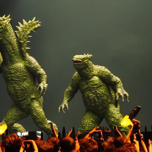 Prompt: army of godzilla on stage, smoking weed