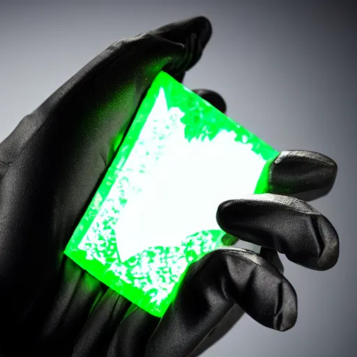 Image similar to a glowing shard of kryptonite held in an open black - gloved hand, black background