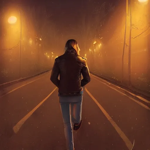 Prompt: by alexander trufanov by artgerm by simon stalenhag tsoi from back pacing lowering head dressed in short leather bomber jacket to empty narrow alley with street lamps in park with pines to the horizon,, with hands in pockets, snowfall at night, mullet long haircut, black hairs, cinematic, dramatic, detailed, realistic, movie shot, low lighting