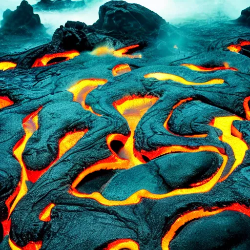 Image similar to cooling lava flow shaped like contorted human bodies, souls of the damned, volcanic island, dreadful implications, magma, lava, volcano.