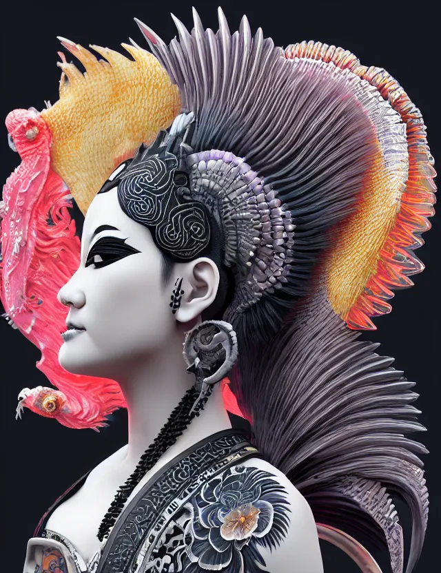 Image similar to 3 d goddess close - up profile portrait punk with mohawk with ram skull. beautiful intricately detailed japanese crow kitsune mask and clasical japanese kimono. betta fish, jellyfish phoenix, bio luminescent, plasma, ice, water, wind, creature, artwork by tooth wu and wlop and beeple and greg rutkowski