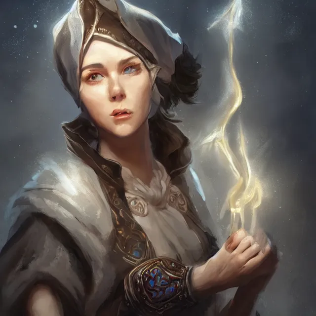 Prompt: Female Cleric with kerchief covering her ears, casting a glowing spell. Blue eyes, black hair, porcelain skin, full lips, high slanted cheekbones. Fantasy art, elegant, highly detailed, dramatic lighting, illustration, award winning on artstation, D&D, Dungeons and Dragons, roleplaying.
