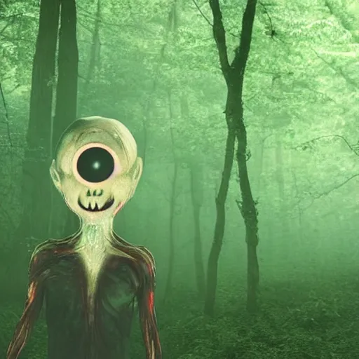 Prompt: a creepypasta of a horrifying alien creature in the forest