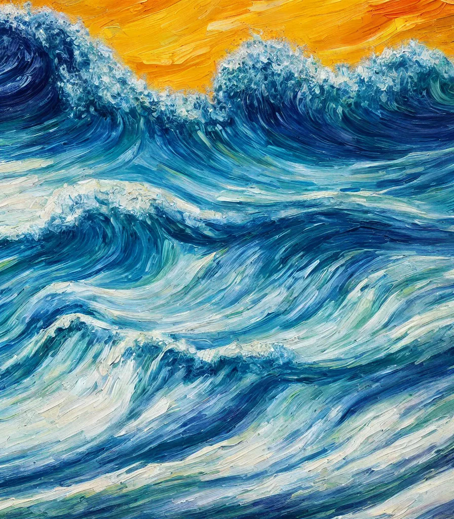 Image similar to an impasto oil painting of a beautiful barreling wave, traidic color scheme, high detail, breathtaking wave, modern art, abstract art, soft colors