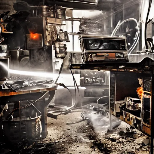 Image similar to cyborg toaster oven repairman, dark messy smoke - filled cluttered workshop, dark, dramatic lighting, orange tint, sparks, plasma rays, cinematic, highly detailed, sci - fi, futuristic, movie still