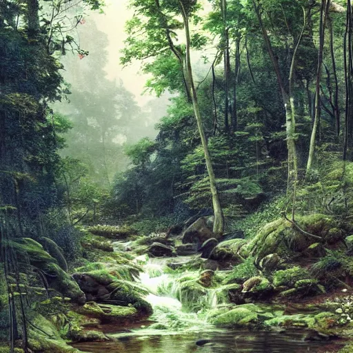 Image similar to A beautiful mixed media art of a serene and picturesque forest scene. The leaves are all different shades of green, and the sunlight is shining through the trees. There is a small stream running through the forest, and the whole scene is surrounded by mountains. avant garde, 3d render by J.C. Leyendecker rhythmic