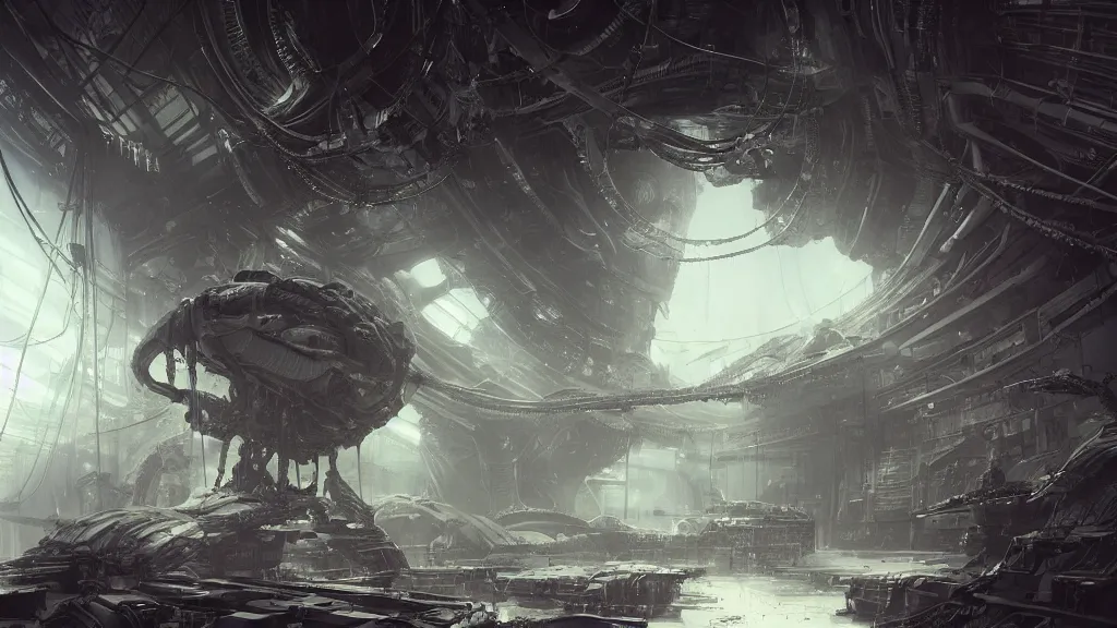 Prompt: a Photorealistic dramatic hyperrealistic,hyper detailed render by Greg Rutkowski,Craig Mullins,Nicolas Bouvier SPARTH, ILM of an Epic Sci-Fi, Gigantic Alien xenomorph spaceship inside huge interior hangar,intricate bio mechanical surface details,many tubes and cables hanging from the ceiling,Beautiful dynamic dramatic dark moody lighting,contrast and shadows,Volumetric,Cinematic Atmosphere,Octane Render,Artstation,8k