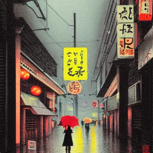 Image similar to a woman holding an umbrella, walking down the streets of tokyo, with neon signs, while it's raining. extremely detailed, illustration by michael sowa