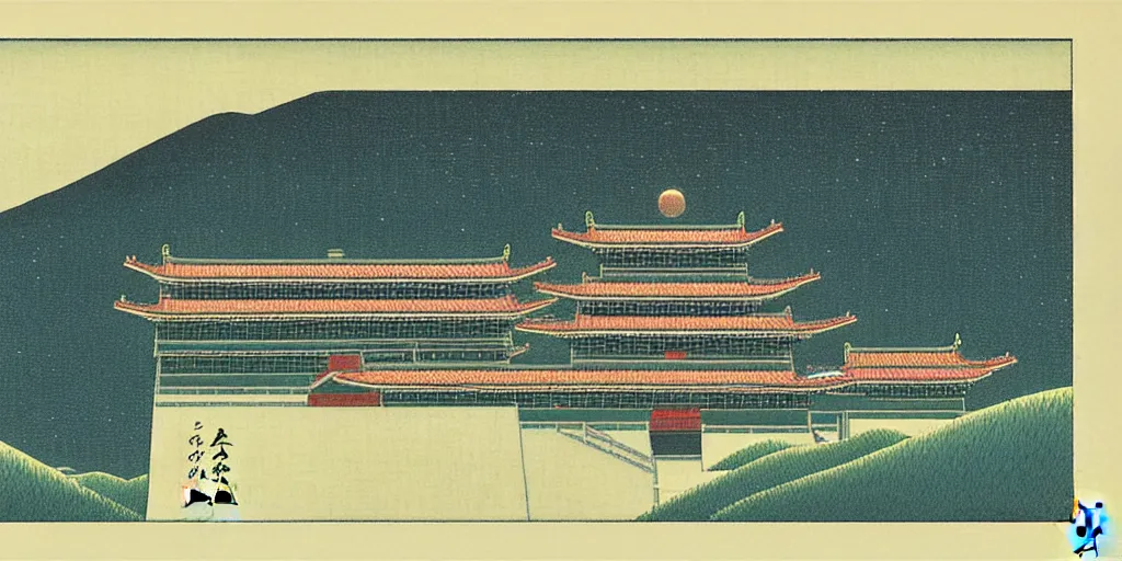 Image similar to a elder chinese space station by kawase hasui. hd