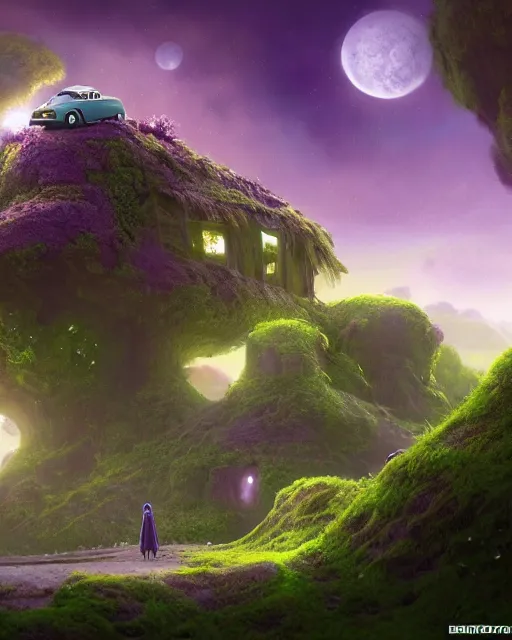 Image similar to tardigrade taxi car in a fantasy tatdigrade village, calming, uplifting mood, ultra realistic, farm, small buildings, highly detailed, atmosphere, violet planet in the sky, masterpiece, epic lighting, elves, green plants, magic, illuminated, 4 k, cinematic, morning sun, art by eddie mendoza