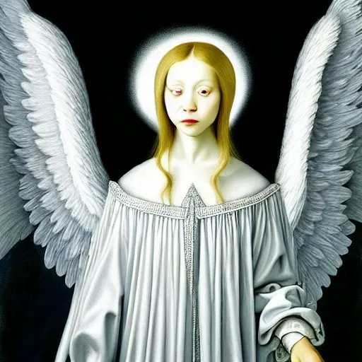 Prompt: highdetailed hyperrealistic painting of white angel!!! no gender smiling noface!!!, light instead of hands, white sparkles everywhere, 4 k hd face!!!, big silver high detailed wings!!!, renaissance, by jan van eyck, by gerhard richter, holography space, glow effect, large strokes, monochrome!!!!!