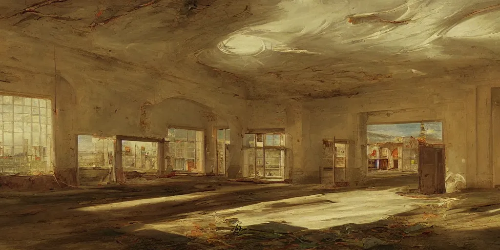 Prompt: an abandoned supermarket painted by thomas cole