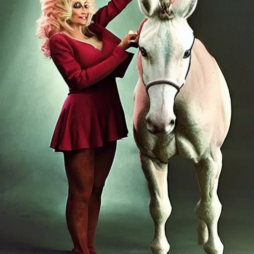 Image similar to a centaur with the head of Dolly Parton