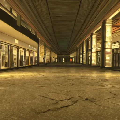 Image similar to empty mall at night, realistic, highly detailed, hd, unreal engine, guillermo del toro