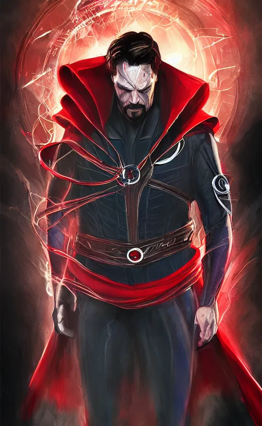 Image similar to venom as doctor strange, black and red suit, dynamic lighting, photorealistic fantasy concept art, trending on art station, stunning visuals, terrifying, creative, cinematic