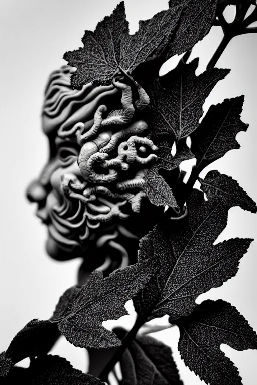 Prompt: monochrome close - up profile face black background beautiful young porcelain vegetal, dragon, cyborg, female 1 5 0 mm beautiful leaves, hyperdetailed, intricate, 8 k, low key