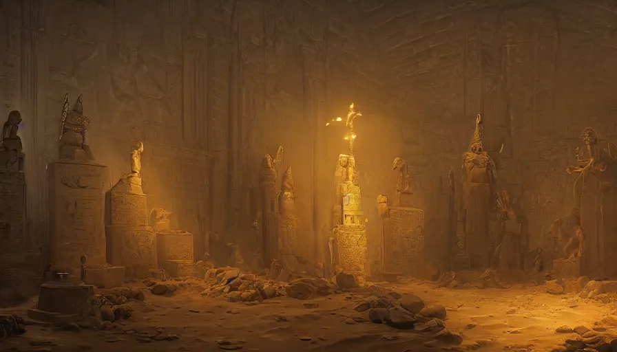 Image similar to egyptian crypt with torchs, cobwebs, sand, statues and gold coins everywhere, dust, gold, hyperdetailed, artstation, cgsociety, 8 k