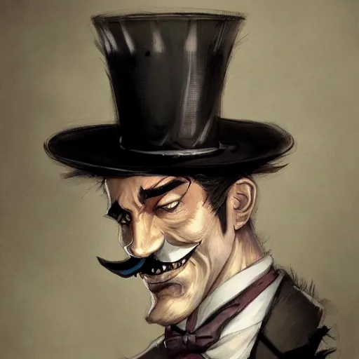 Image similar to hyper realistic dapper fancy luigi wearing a top hat, smirking deviously, painted by greg rutkowski, wlop, artgerm, jojo's bizarre adventure, dishonored 2