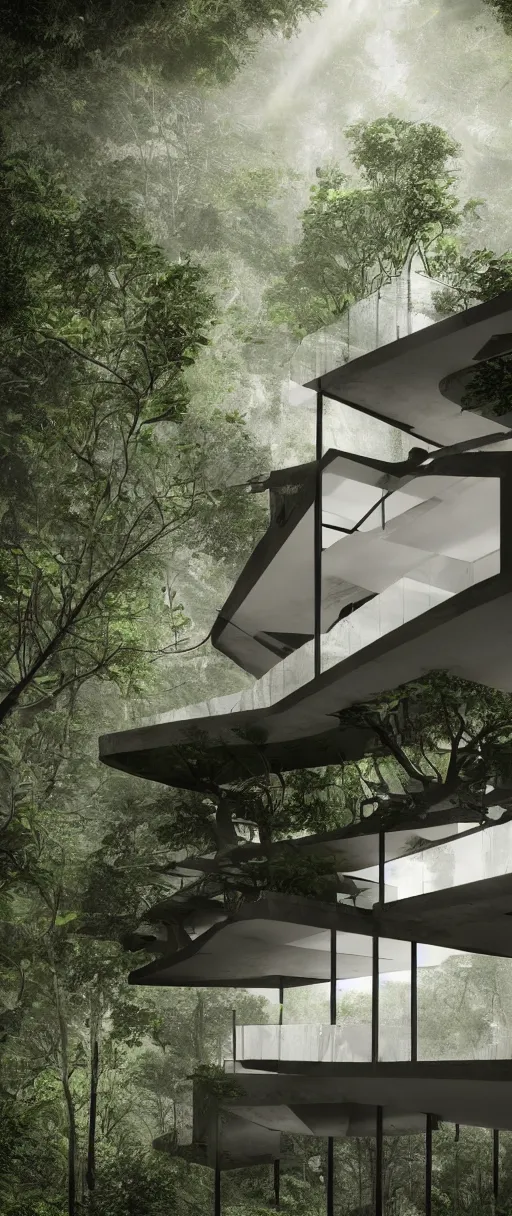 Image similar to architecture inspired by le corbusier in the rainforest. nature is taking over. upside down. metabolism. octane render. global illumination. atmospheric. photorealistic. color scheme black and white.