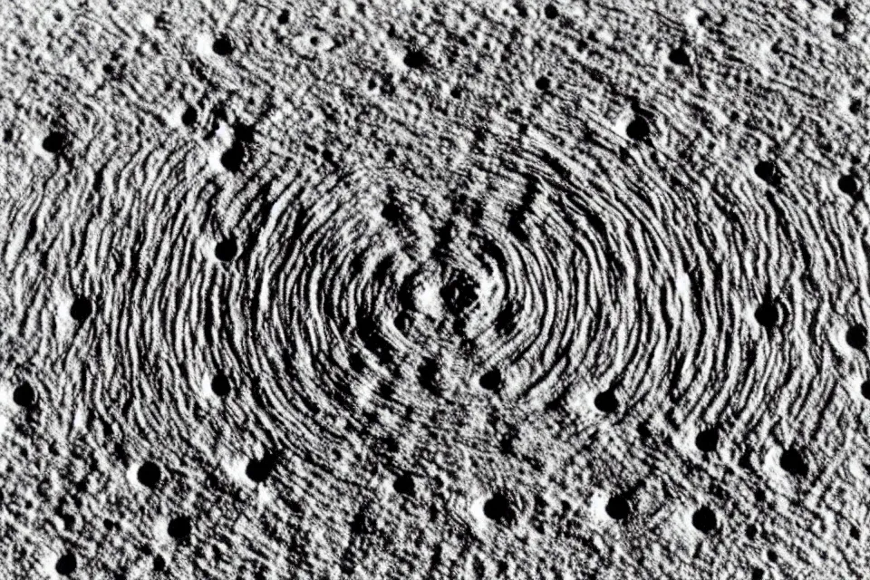 Prompt: the crop circle of wheat on the surface of the moon!!!!!! with various bizarre patterns. 1 9 7 0's vintage photo, frosted texture.