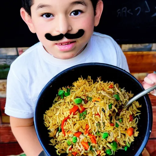 Prompt: kid with long hair and a mustache eating vegetable fried rice