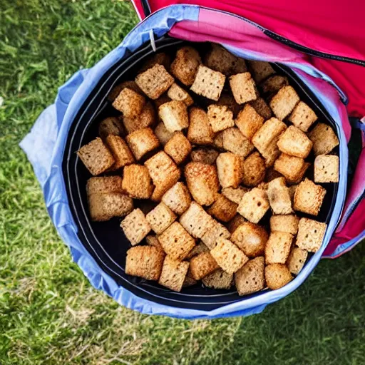 Prompt: box of croutons next to tent, 4k realistic photo