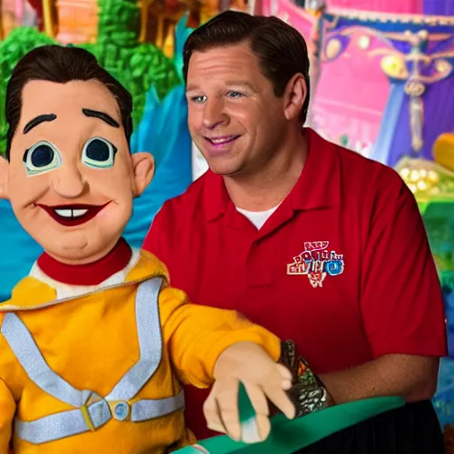 Image similar to a six year old child puppet in the its a small world ride in real life that looks exactly like ron desantis the governor of florida, highly detailed, high definition, ultra realistic