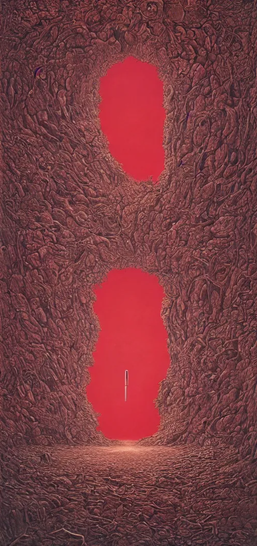 Image similar to huge detailed fractal red door standing in wasteland in style of zdzisław beksinski