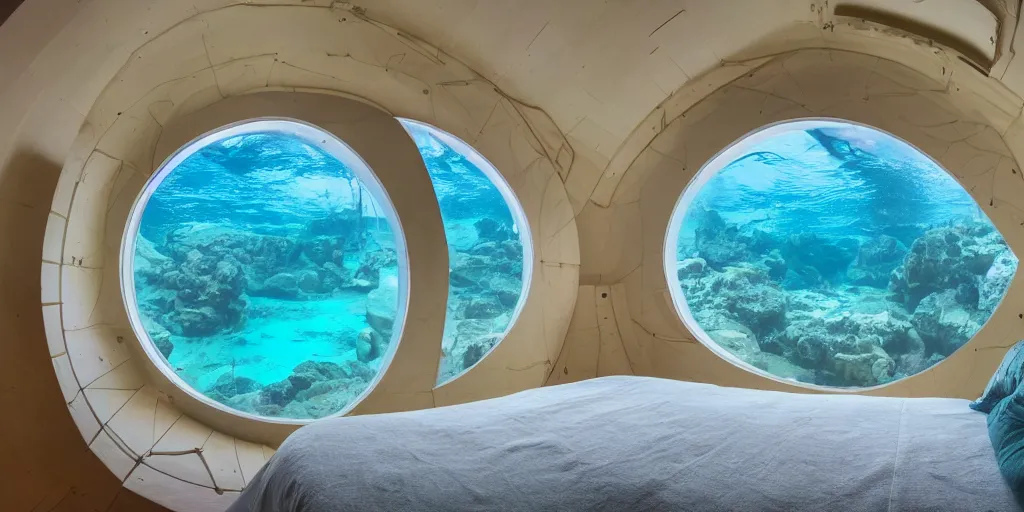 Prompt: interior of an underwater home that is an undersea dome with windows