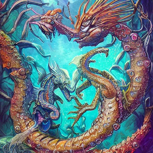 Image similar to underwater sea dragon, d & d style, trending on artstation, colorful, intricate, highly detailed art by aurore folny and ilse gort and yugin maffioli