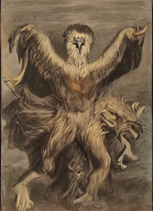 Image similar to human / eagle / lion / ox hybrid with two horns, one big beak, mane, human body. drawn by francis bacon