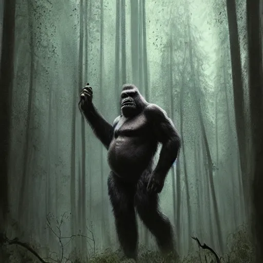 Prompt: Dark fantasy Painting of a huge bigfoot gorilla creature lurking in the misty forest, gloomy, full body, disgusting, creepy, unsettling, horror, intricate, wild, highly detailed, digital painting, artstation, concept art, smooth, sharp focus, illustration, art by artgerm and greg rutkowski and alphonse mucha