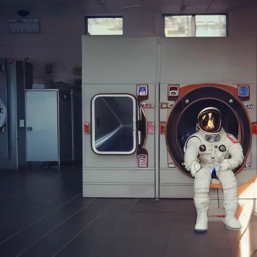 Image similar to a beautiful photo of an astronaut waiting in a laundromat, soft light, morning light, photorealistic, realistic, octane, 8k, cinematic shot