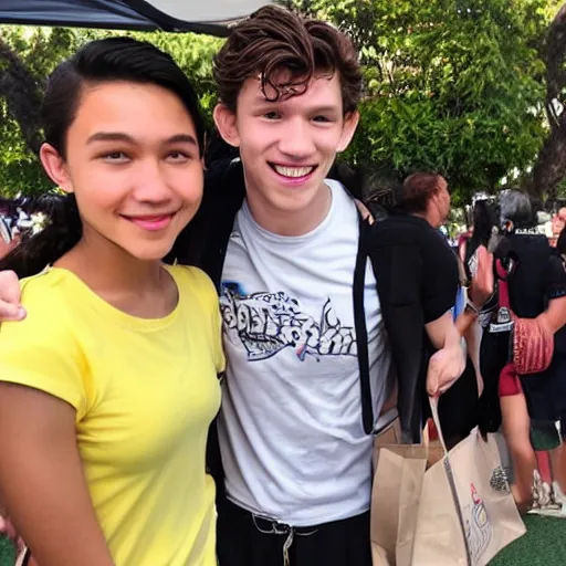 Prompt: Tom Holland with his arm around a Filipina college girl at Chapman University