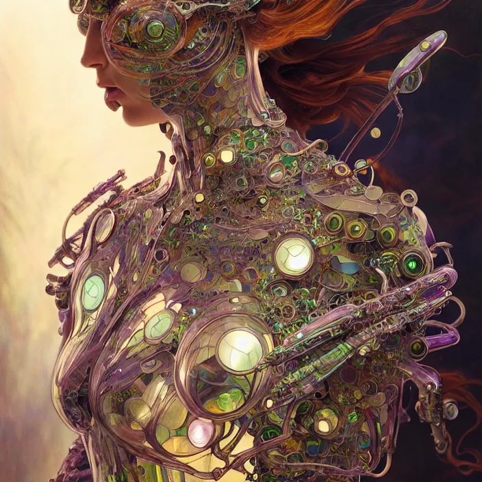 Prompt: psychedelic organic cyborg made of clear glass, diffuse lighting, fantasy, intricate, elegant, highly detailed, lifelike, photorealistic, digital painting, artstation, illustration, concept art, smooth, sharp focus, art by John Collier and Albert Aublet and Krenz Cushart and Artem Demura and Alphonse Mucha