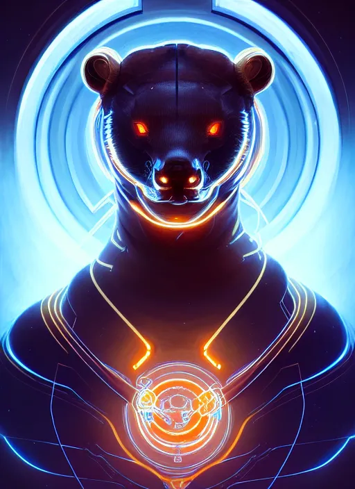 Image similar to symmetry!! portrait of a beaver, sci - fi, tech wear, glowing lights!! intricate, elegant, highly detailed, digital painting, artstation, concept art, smooth, sharp focus, illustration, art by artgerm and greg rutkowski and alphonse mucha