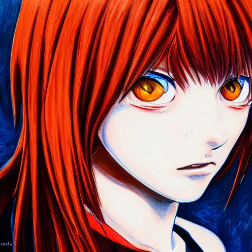 Prompt: Asuka Langley from Evangelion portrait drawn Yusuke Murata and Takeshi Obata, inspired by Death Note 2003 manga,intricate detail, photorealistic style, intricate detailed oil painting, detailed illustration, oil painting, painterly feeling, sharp high detail, oil on canvas