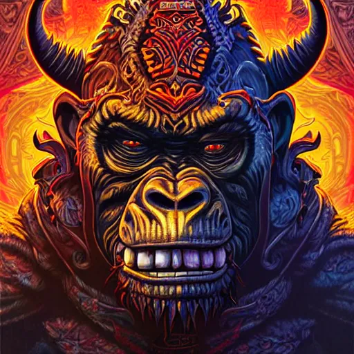 Image similar to barong family member, wiwek, mara demon, one single tribe member, jungle, one single mask, dark, ancient warrior, gorilla, lizard, tribal, inner glow, art by dan mumford and justin gerard