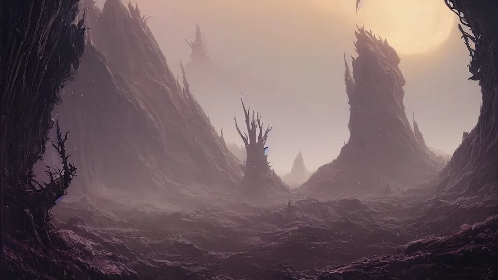 Prompt: eerie atmospheric alien planet with biomechanical plants by les edwards and vincent di fate and anato finnstark, epic cinematic matte painting