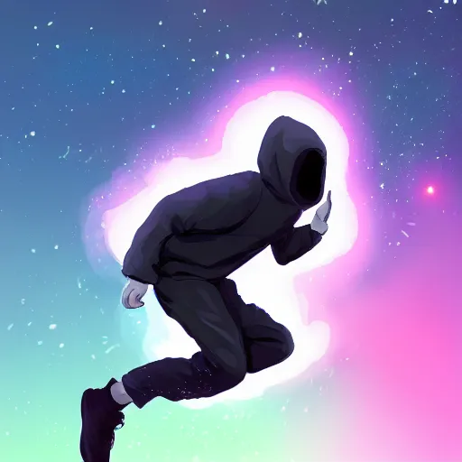 Image similar to boy wearing a black hoodie, flying in galaxy, lo-fi style, digital art, trending on ArtStation, detailed,
