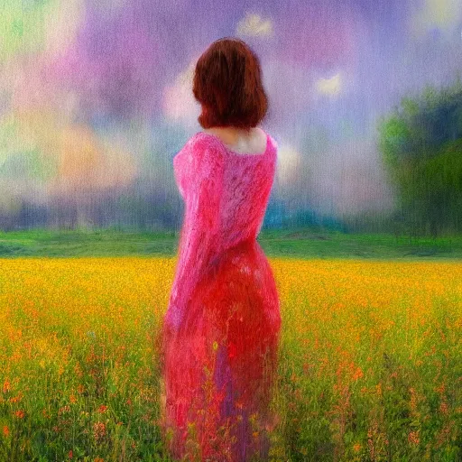 Prompt: woman standing in flower field, mattepainting, artstation, impressionism, blooming flower body