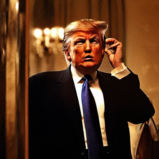 Image similar to donald trump as the godfather. godfather movie. mafia. dark. evil.